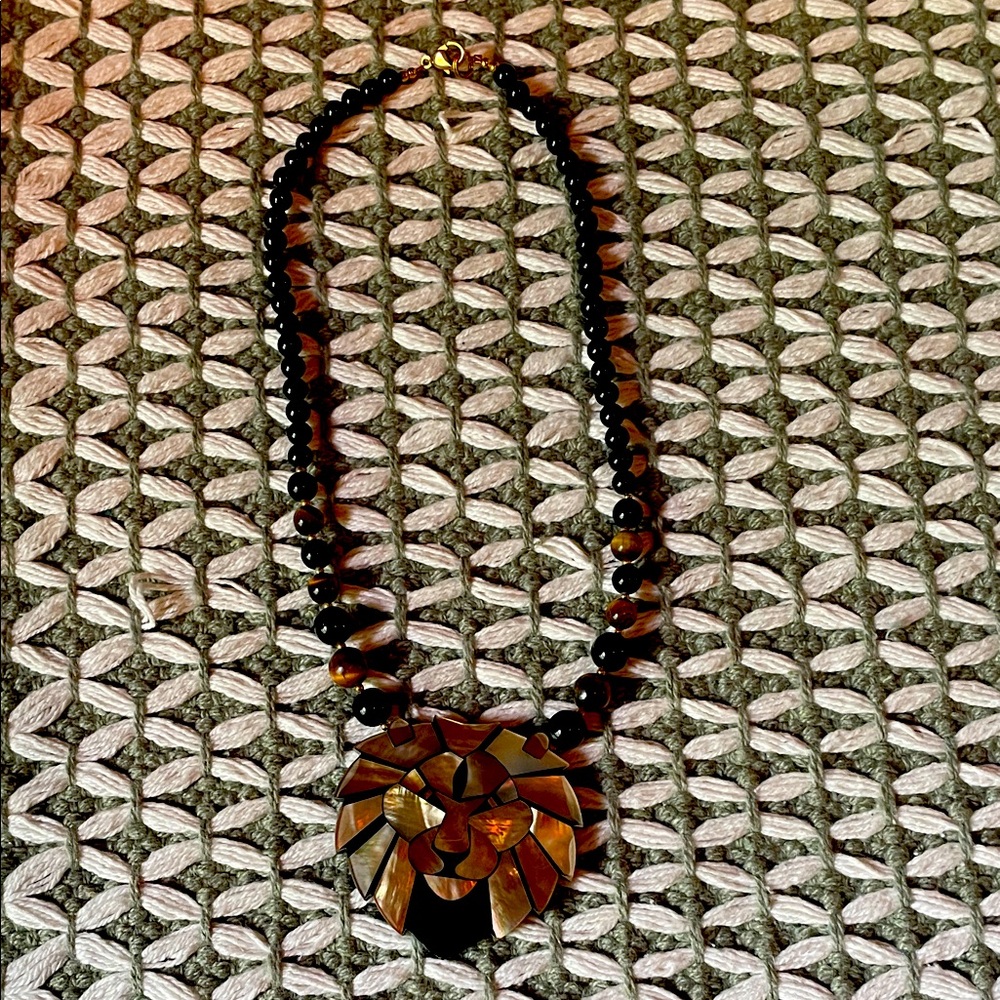 Elegant Brown Beaded Lion Necklace
